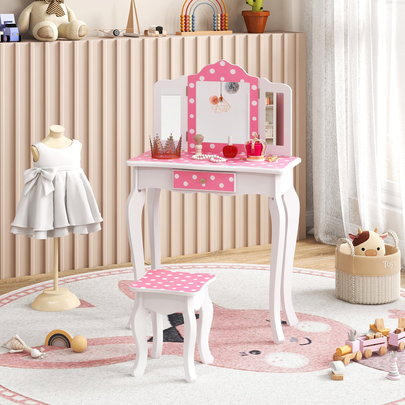 Princess Pretend Play Makeup Dressing Table with Cute Polka Dot Print, Pink Kids Vanities at Gallery Canada