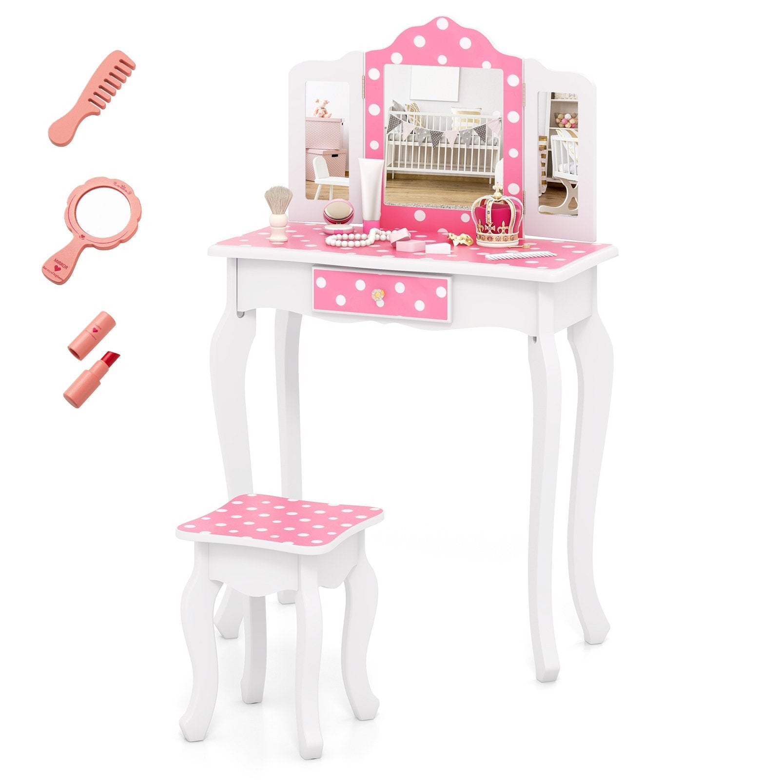 Princess Pretend Play Makeup Dressing Table with Cute Polka Dot Print, Pink Kids Vanities Pink at Gallery Canada