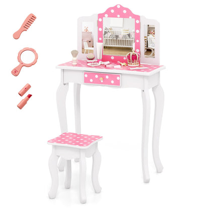 Princess Pretend Play Makeup Dressing Table with Cute Polka Dot Print, Pink Kids Vanities Pink at Gallery Canada