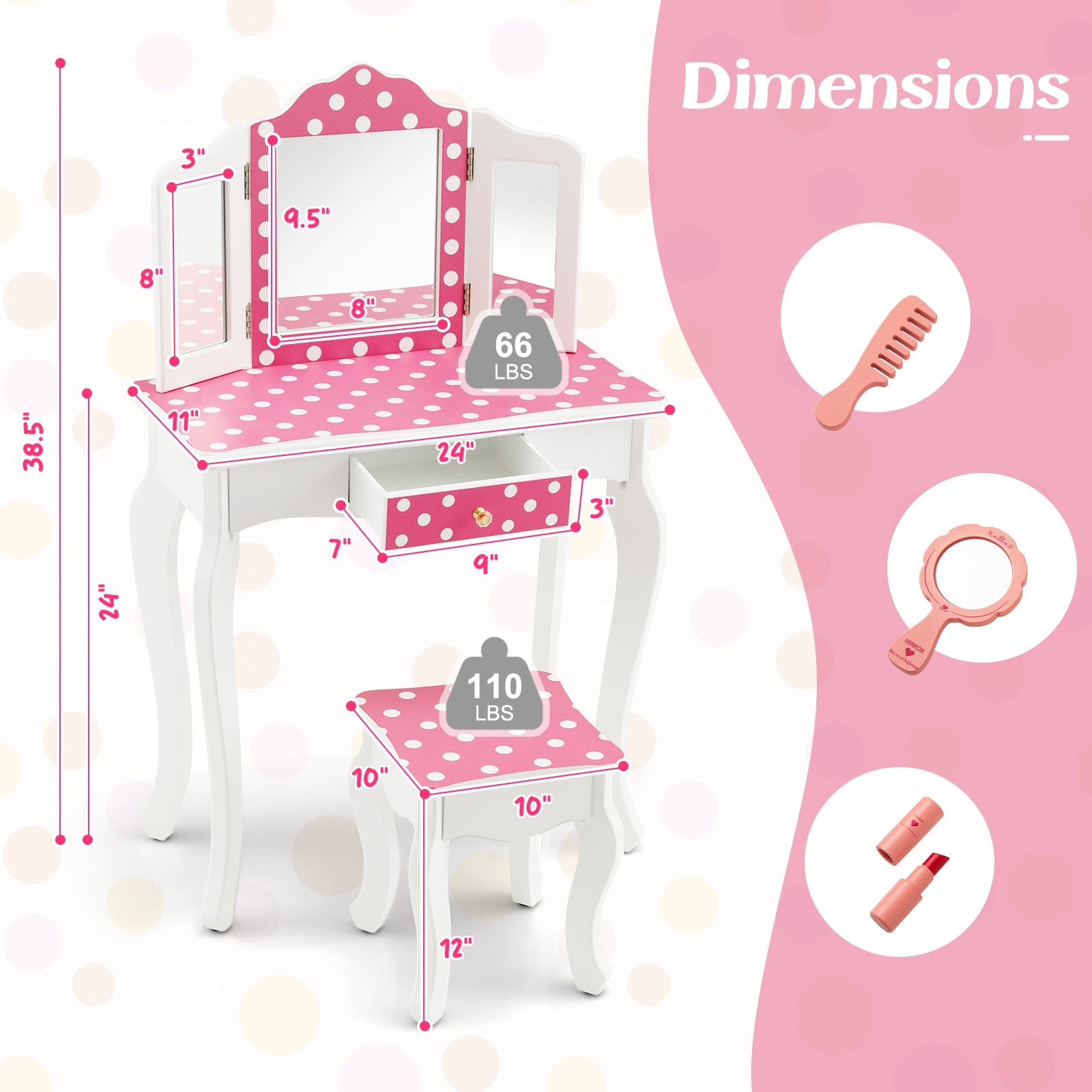 Princess Pretend Play Makeup Dressing Table with Cute Polka Dot Print, Pink Kids Vanities at Gallery Canada