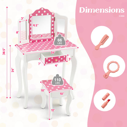 Princess Pretend Play Makeup Dressing Table with Cute Polka Dot Print, Pink Kids Vanities at Gallery Canada