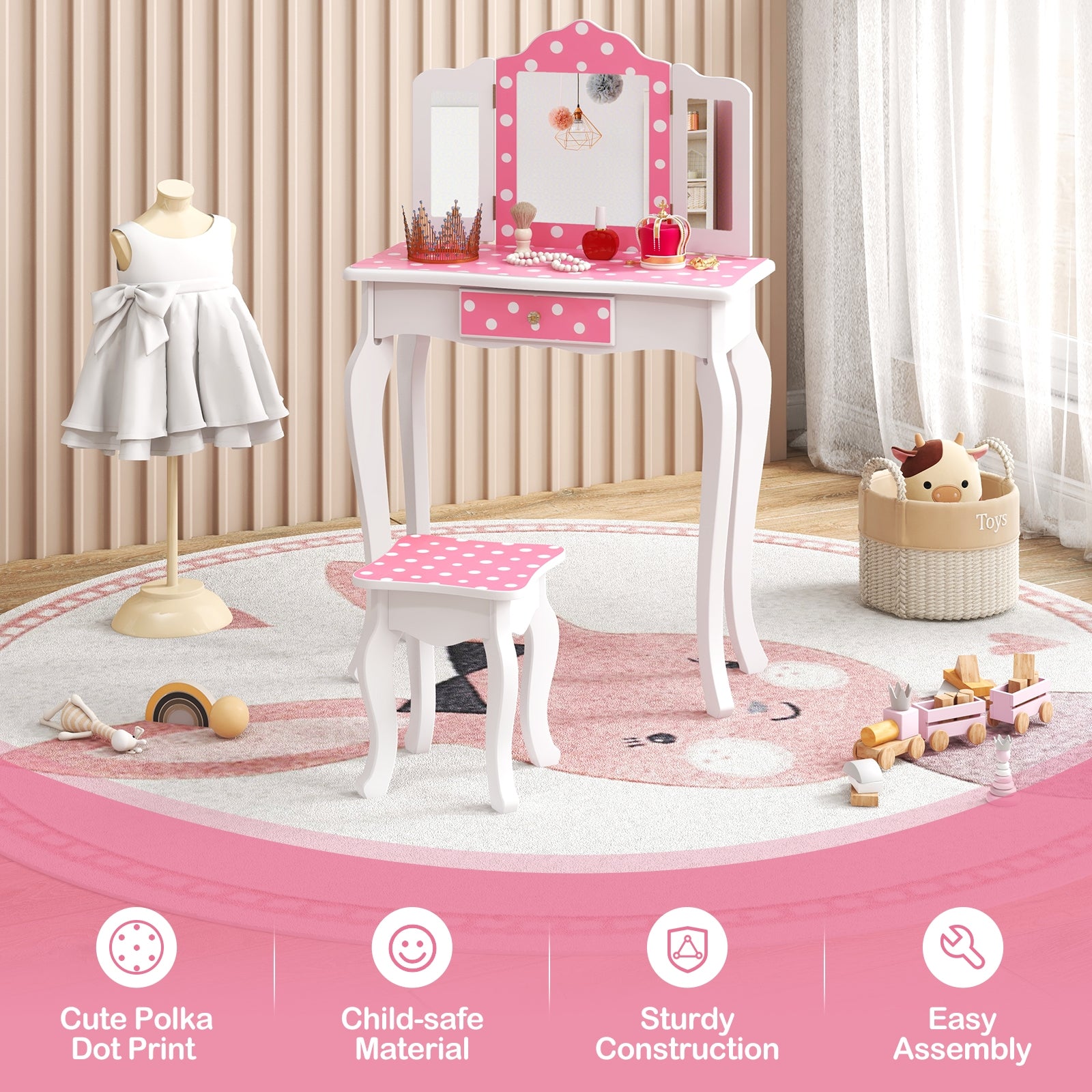 Princess Pretend Play Makeup Dressing Table with Cute Polka Dot Print, Pink Kids Vanities at Gallery Canada
