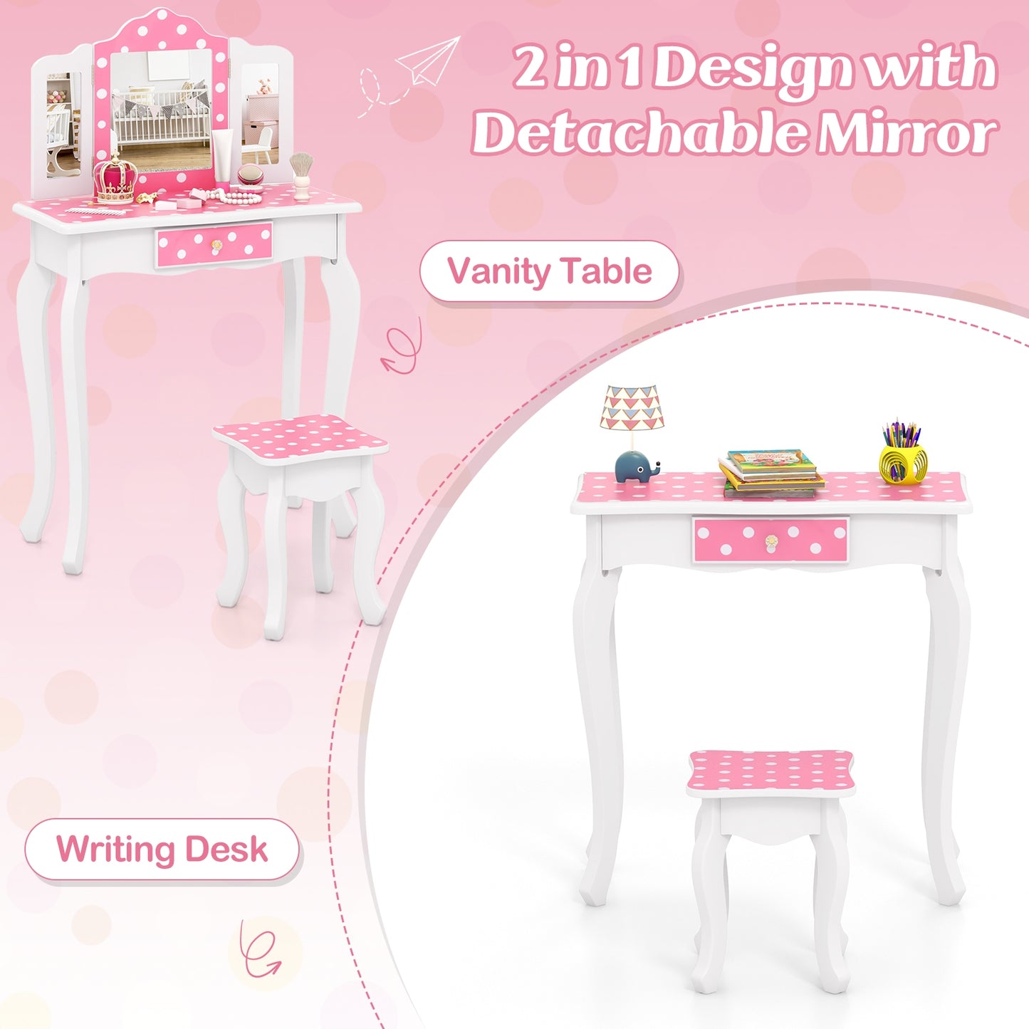 Princess Pretend Play Makeup Dressing Table with Cute Polka Dot Print, Pink Kids Vanities at Gallery Canada