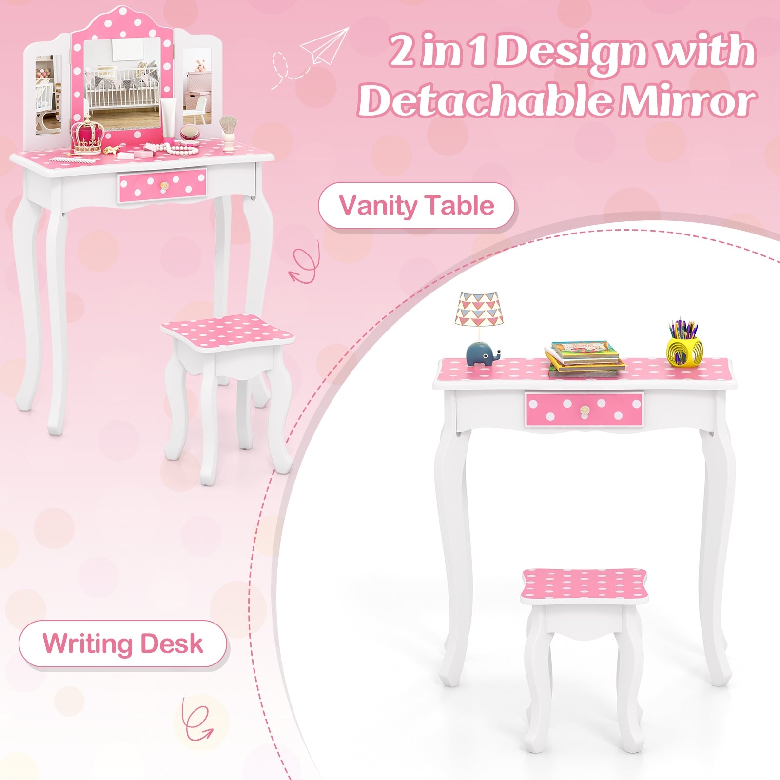 Princess Pretend Play Makeup Dressing Table with Cute Polka Dot Print, Pink Kids Vanities at Gallery Canada