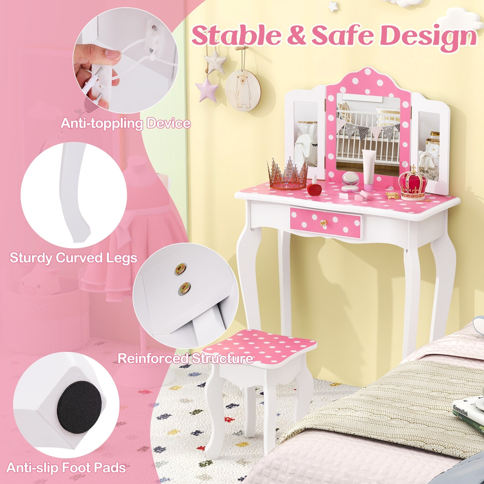 Princess Pretend Play Makeup Dressing Table with Cute Polka Dot Print, Pink Kids Vanities at Gallery Canada