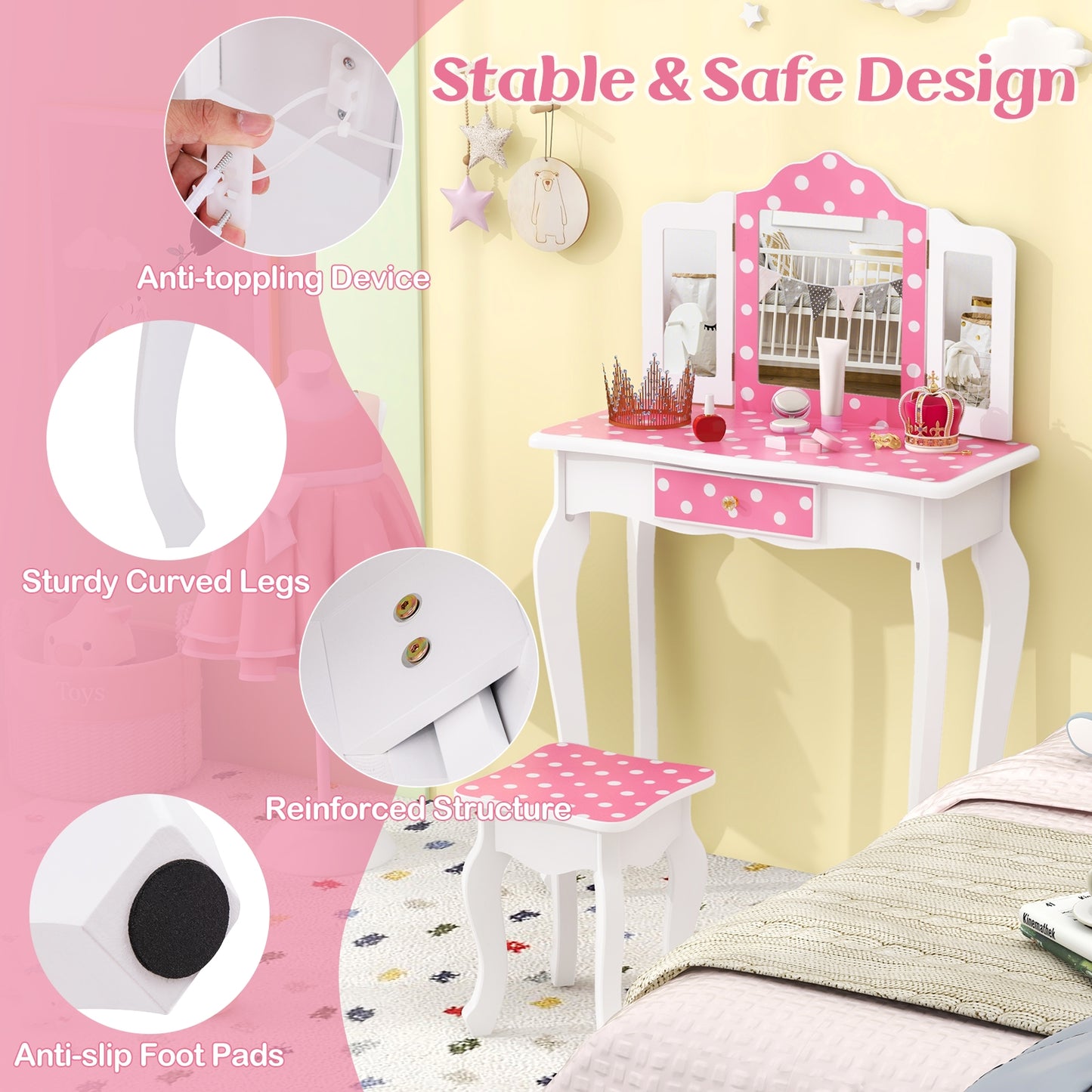 Princess Pretend Play Makeup Dressing Table with Cute Polka Dot Print, Pink Kids Vanities at Gallery Canada