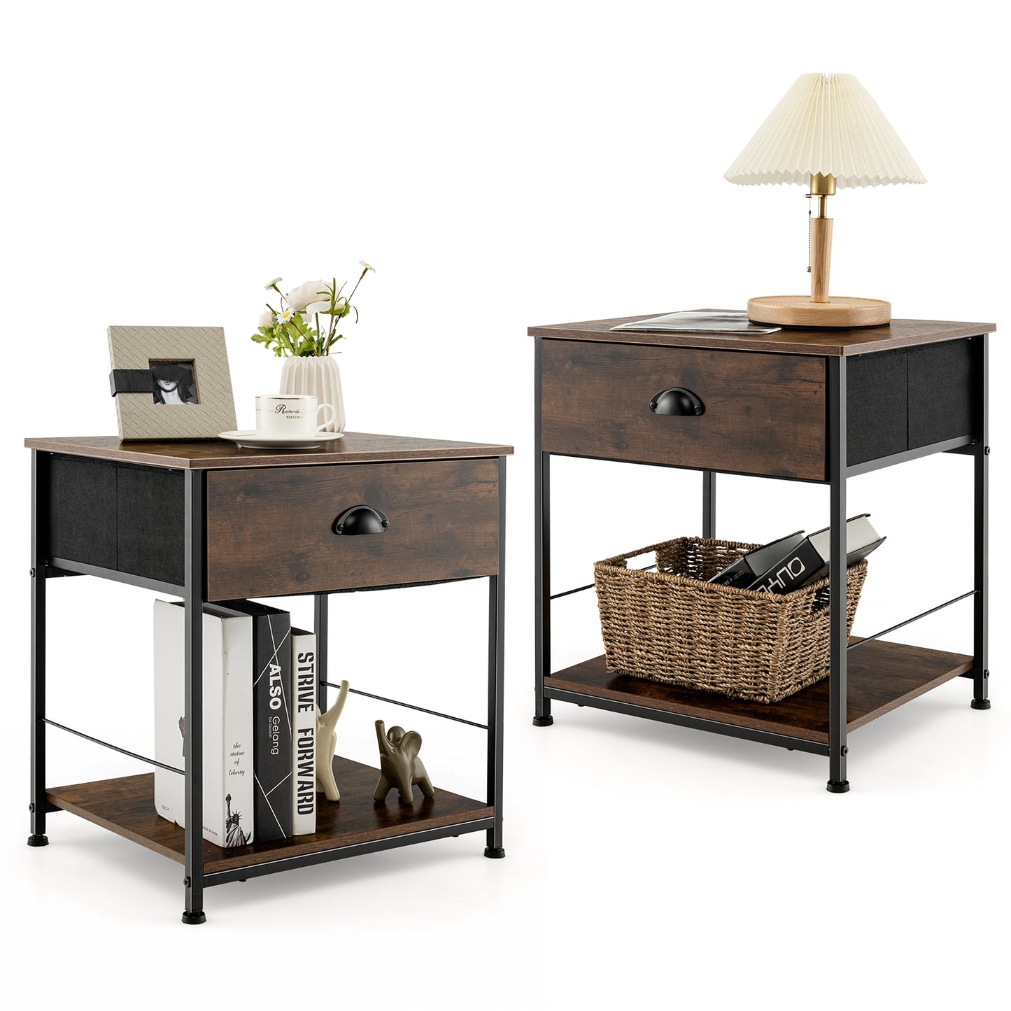 2 Tiers Nightstand with Open Storage Shelf for Living Room Bedroom-2 Pieces, Rustic Brown Nightstands at Gallery Canada