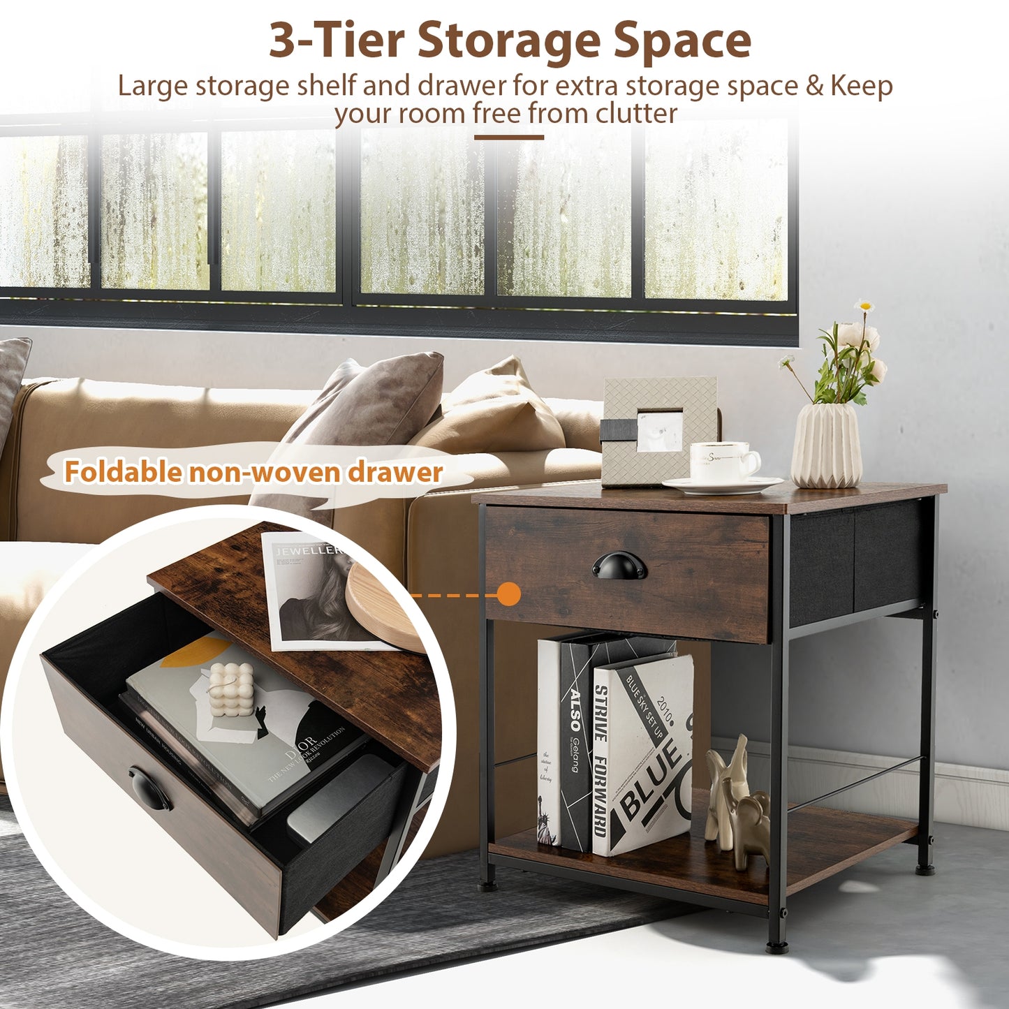 2 Tiers Nightstand with Open Storage Shelf for Living Room Bedroom-2 Pieces, Rustic Brown Nightstands at Gallery Canada