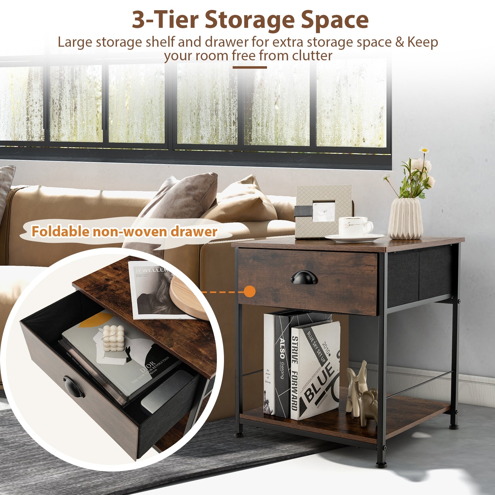 2 Tiers Nightstand with Open Storage Shelf for Living Room Bedroom-2 Pieces, Rustic Brown Nightstands at Gallery Canada