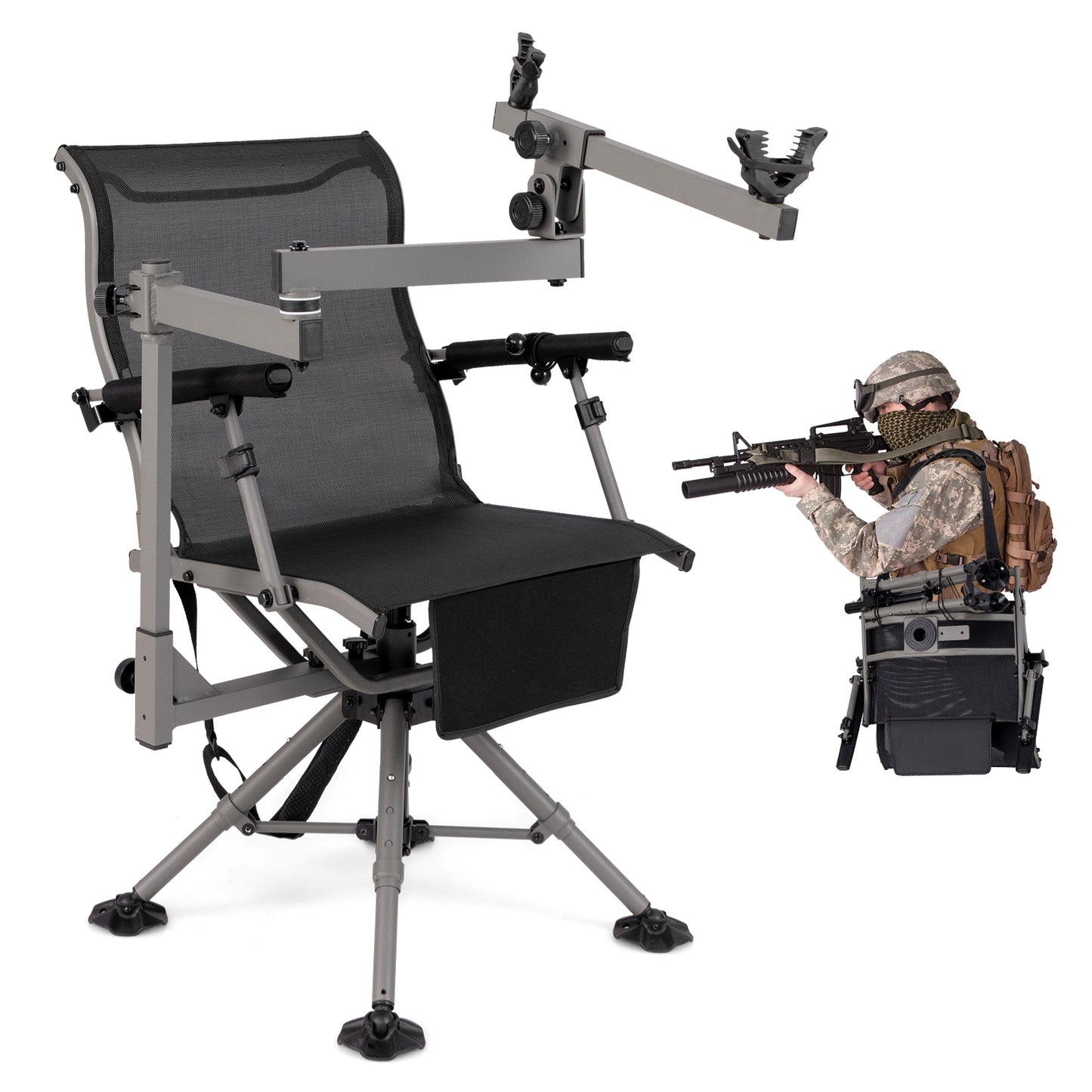 360° Swivel Portable Hunting Chair with Adjustable Legs and Armrests, Black Camping Furniture Black at Gallery Canada