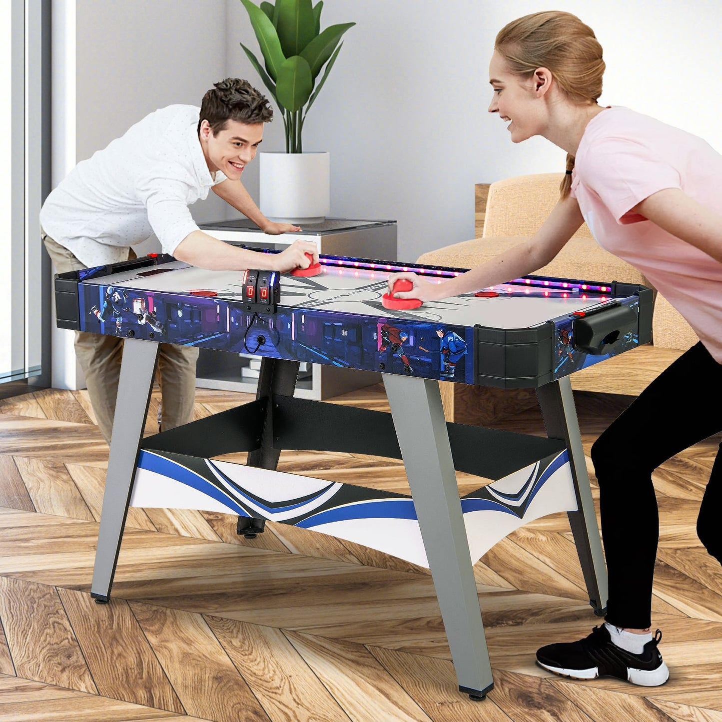 Table de jeu de hockey à air comprimé, 2 poussoirs et palets, bleu