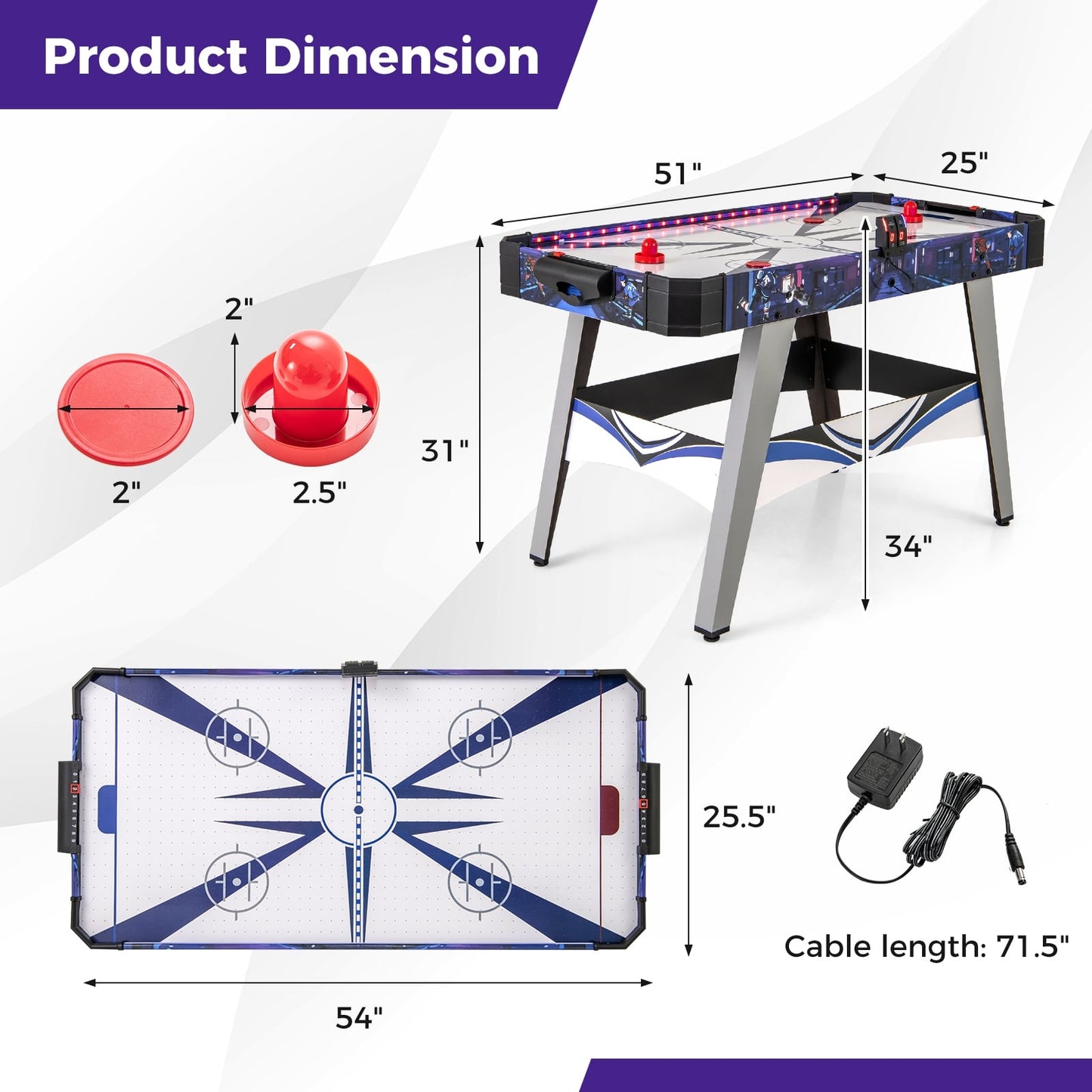 Table de jeu de hockey à air comprimé, 2 poussoirs et palets, bleu
