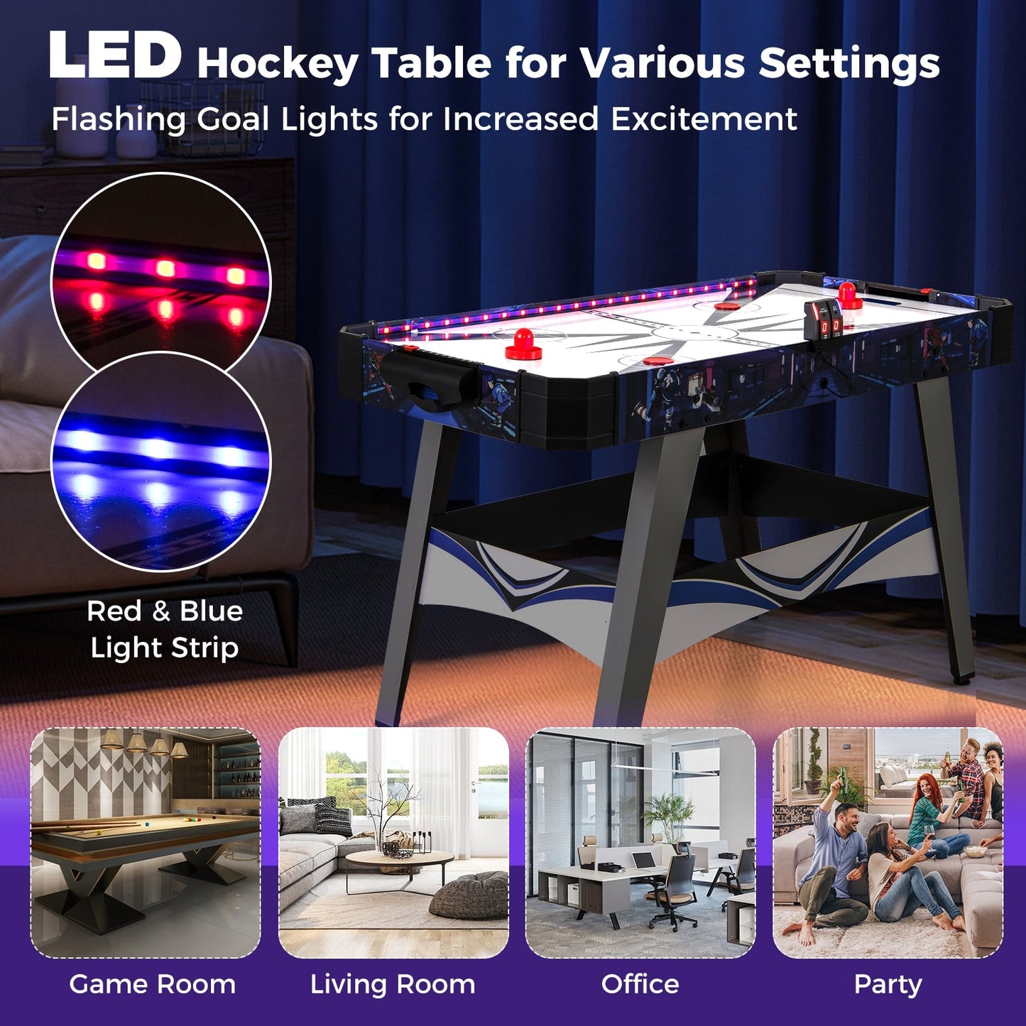 Table de jeu de hockey à air comprimé, 2 poussoirs et palets, bleu