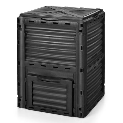 Composteur Extérieur 80 Gallons, Grand Couvercle Ouvrable, Porte de Sortie Inférieure, Noir