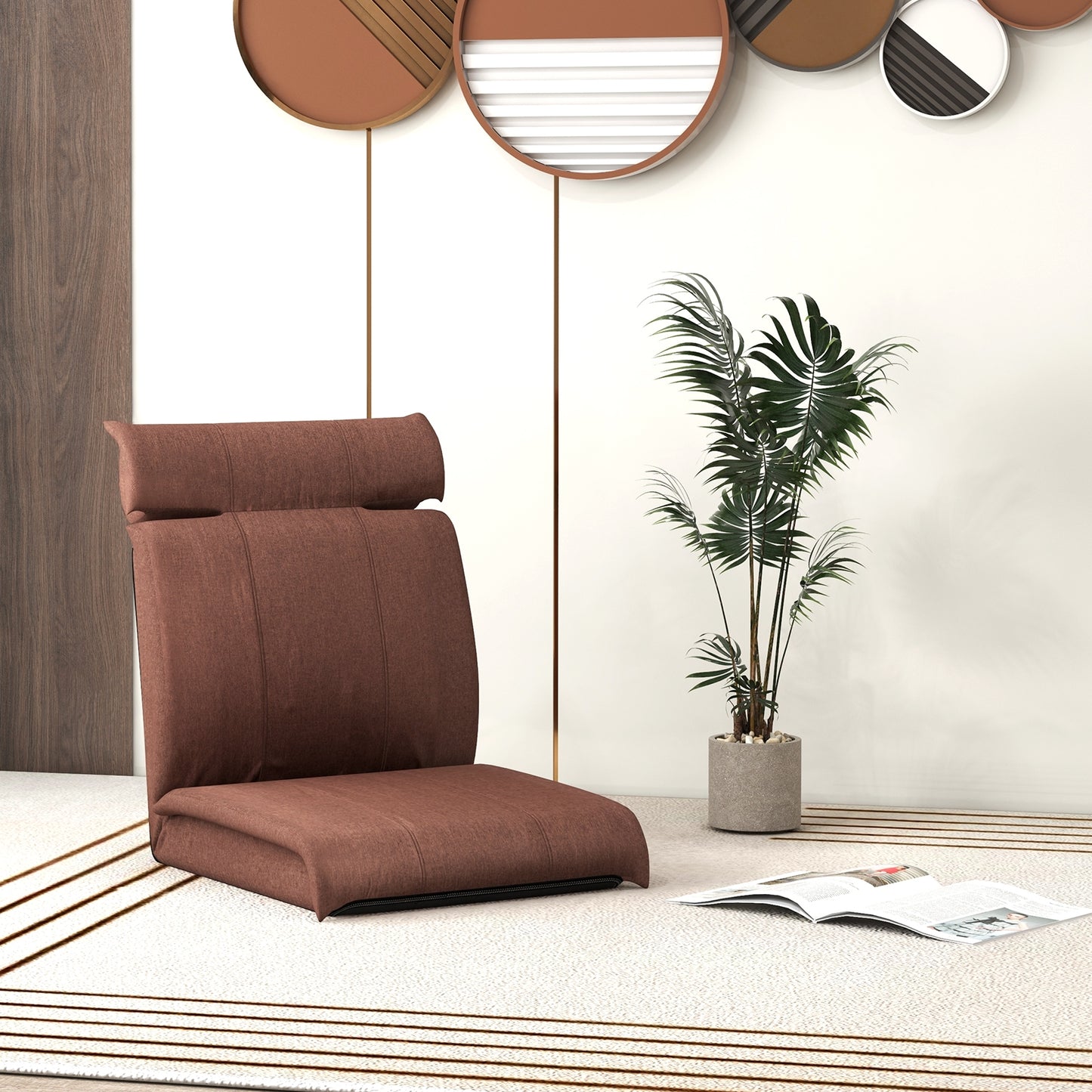 Folding Floor Chair with 14-Poistion Adjustable Backrest and 5-Position Adjustable Headrest, Brown Floor Chairs at Gallery Canada