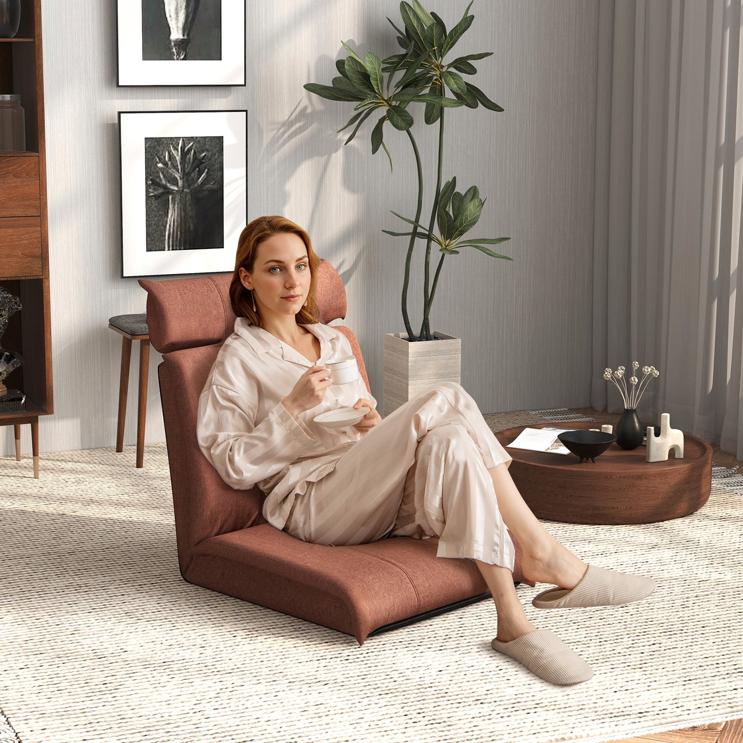 Folding Floor Chair with 14-Poistion Adjustable Backrest and 5-Position Adjustable Headrest, Brown Floor Chairs at Gallery Canada