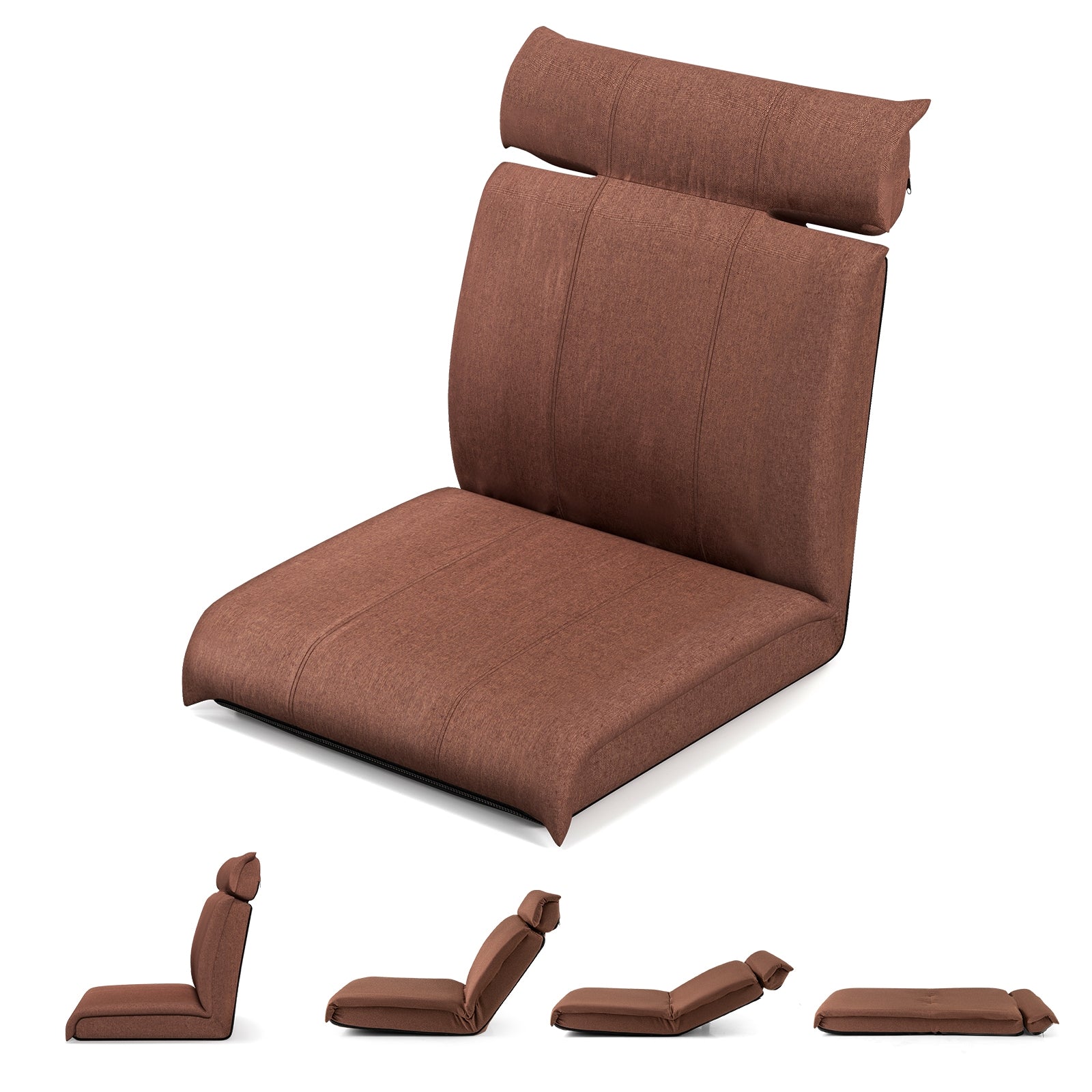 Folding Floor Chair with 14-Poistion Adjustable Backrest and 5-Position Adjustable Headrest, Brown Floor Chairs at Gallery Canada