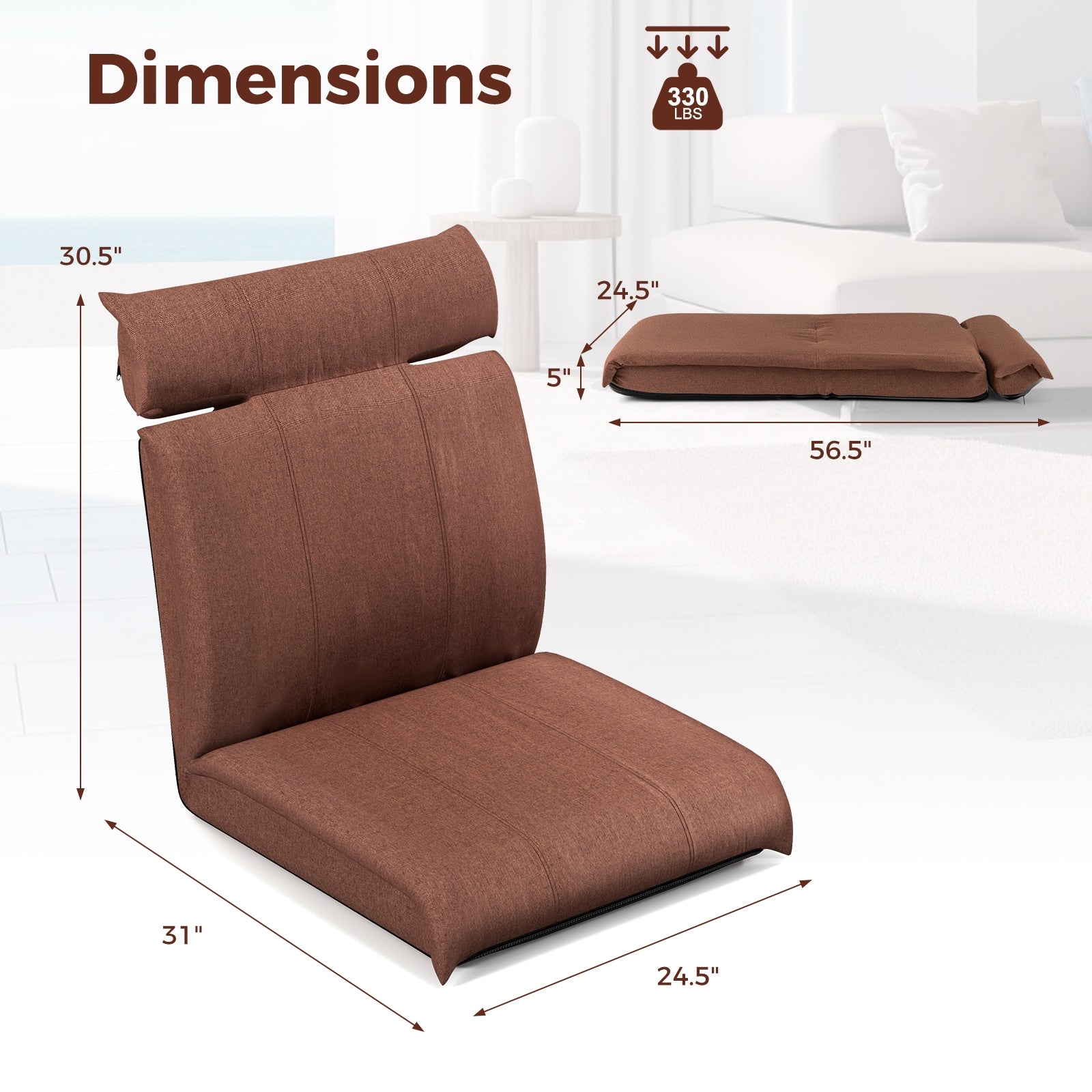 Folding Floor Chair with 14-Poistion Adjustable Backrest and 5-Position Adjustable Headrest, Brown Floor Chairs at Gallery Canada