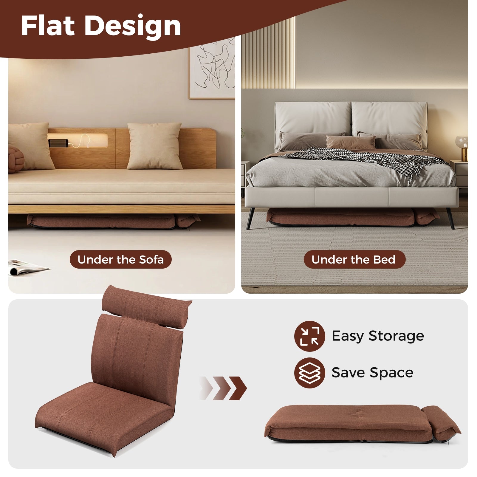 Folding Floor Chair with 14-Poistion Adjustable Backrest and 5-Position Adjustable Headrest, Brown Floor Chairs at Gallery Canada