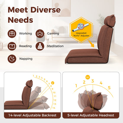 Chaise de sol pliante, dossier réglable en 14 positions, appui-tête réglable en 5 positions, marron