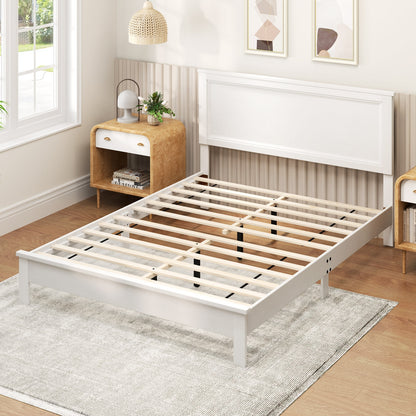 Queen Size Bed Frame Platform Slat High Headboard Bedroom with Rubber Wood Leg, White Simple Bed Frame at Gallery Canada