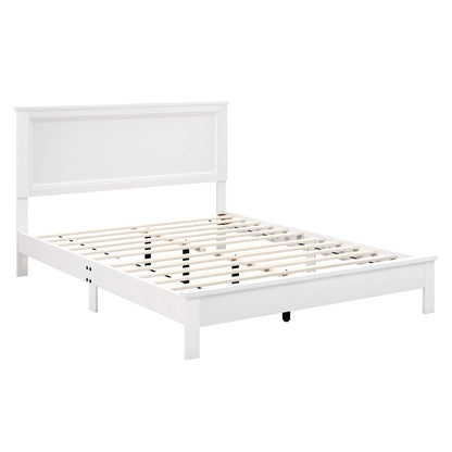 Queen Size Bed Frame Platform Slat High Headboard Bedroom with Rubber Wood Leg, White Simple Bed Frame at Gallery Canada