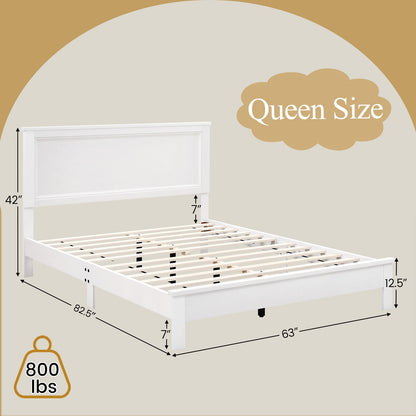 Queen Size Bed Frame Platform Slat High Headboard Bedroom with Rubber Wood Leg, White Simple Bed Frame at Gallery Canada