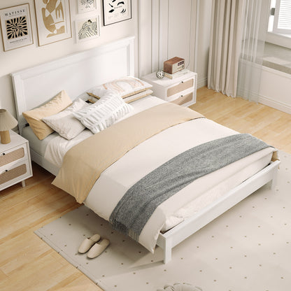 Queen Size Bed Frame Platform Slat High Headboard Bedroom with Rubber Wood Leg, White Simple Bed Frame at Gallery Canada
