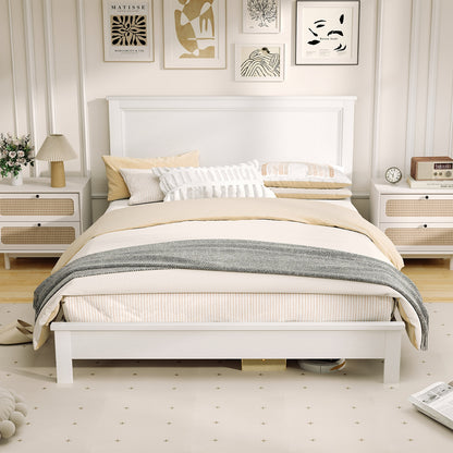 Queen Size Bed Frame Platform Slat High Headboard Bedroom with Rubber Wood Leg, White Simple Bed Frame at Gallery Canada
