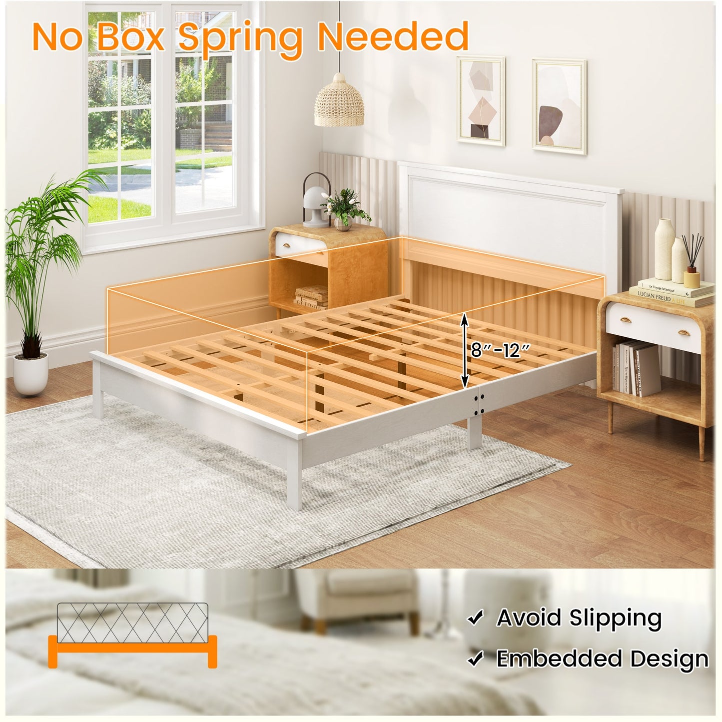 Queen Size Bed Frame Platform Slat High Headboard Bedroom with Rubber Wood Leg, White Simple Bed Frame at Gallery Canada