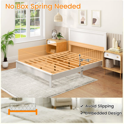 Queen Size Bed Frame Platform Slat High Headboard Bedroom with Rubber Wood Leg, White Simple Bed Frame at Gallery Canada