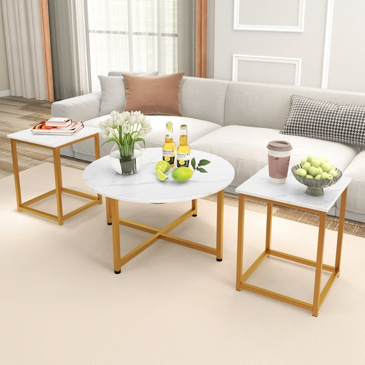 3-Piece Coffee Table Set, Round Table and 2 Square End Tables, Gold and White Coffee Tables White at Gallery Canada