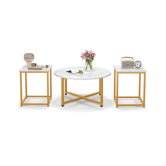 3-Piece Coffee Table Set, Round Table and 2 Square End Tables, Gold and White Coffee Tables White at Gallery Canada