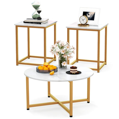 Ensemble de table basse 3 pièces, table ronde et 2 tables d'appoint carrées, or et blanc