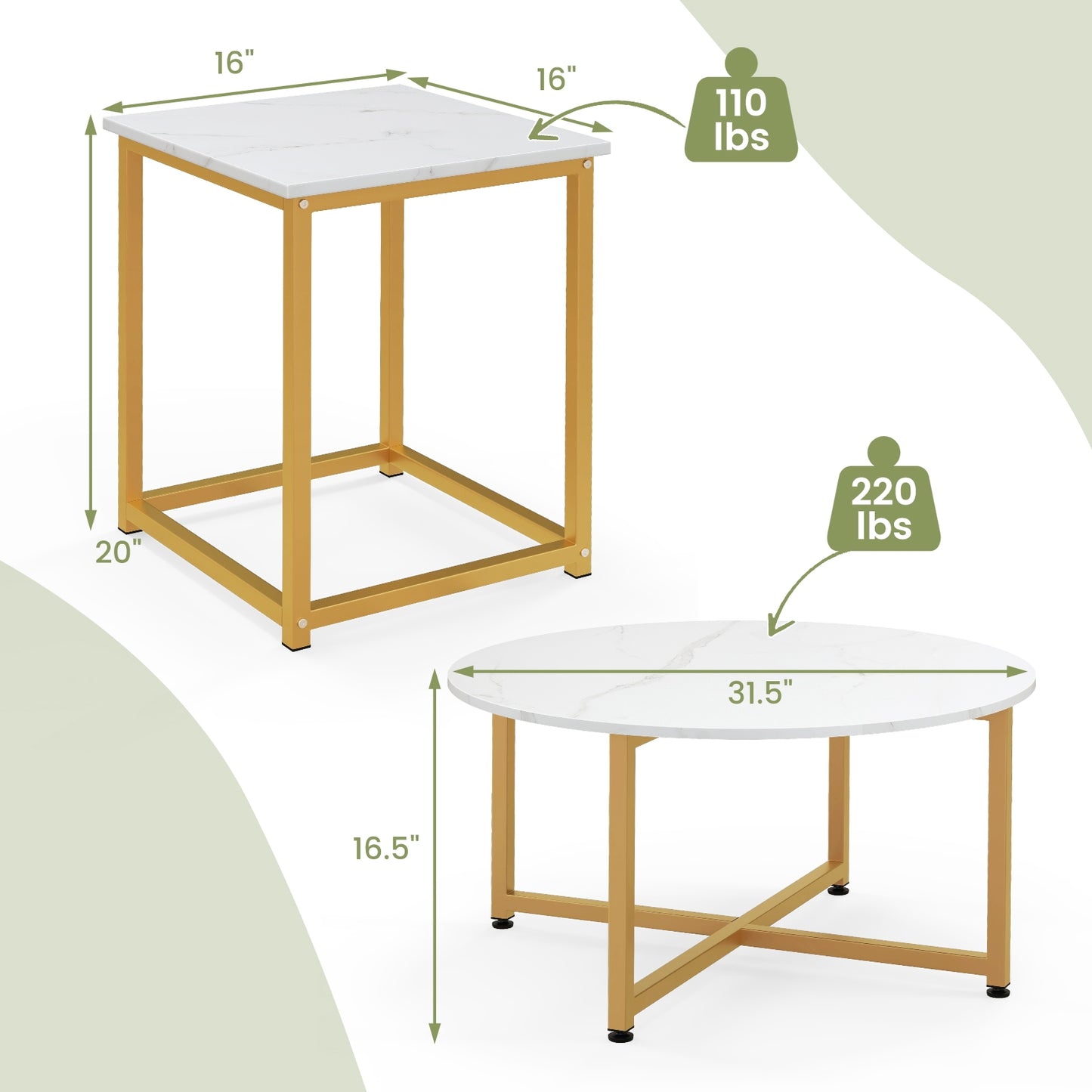 Ensemble de table basse 3 pièces, table ronde et 2 tables d'appoint carrées, or et blanc