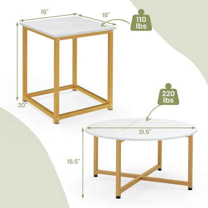 Ensemble de table basse 3 pièces, table ronde et 2 tables d'appoint carrées, or et blanc