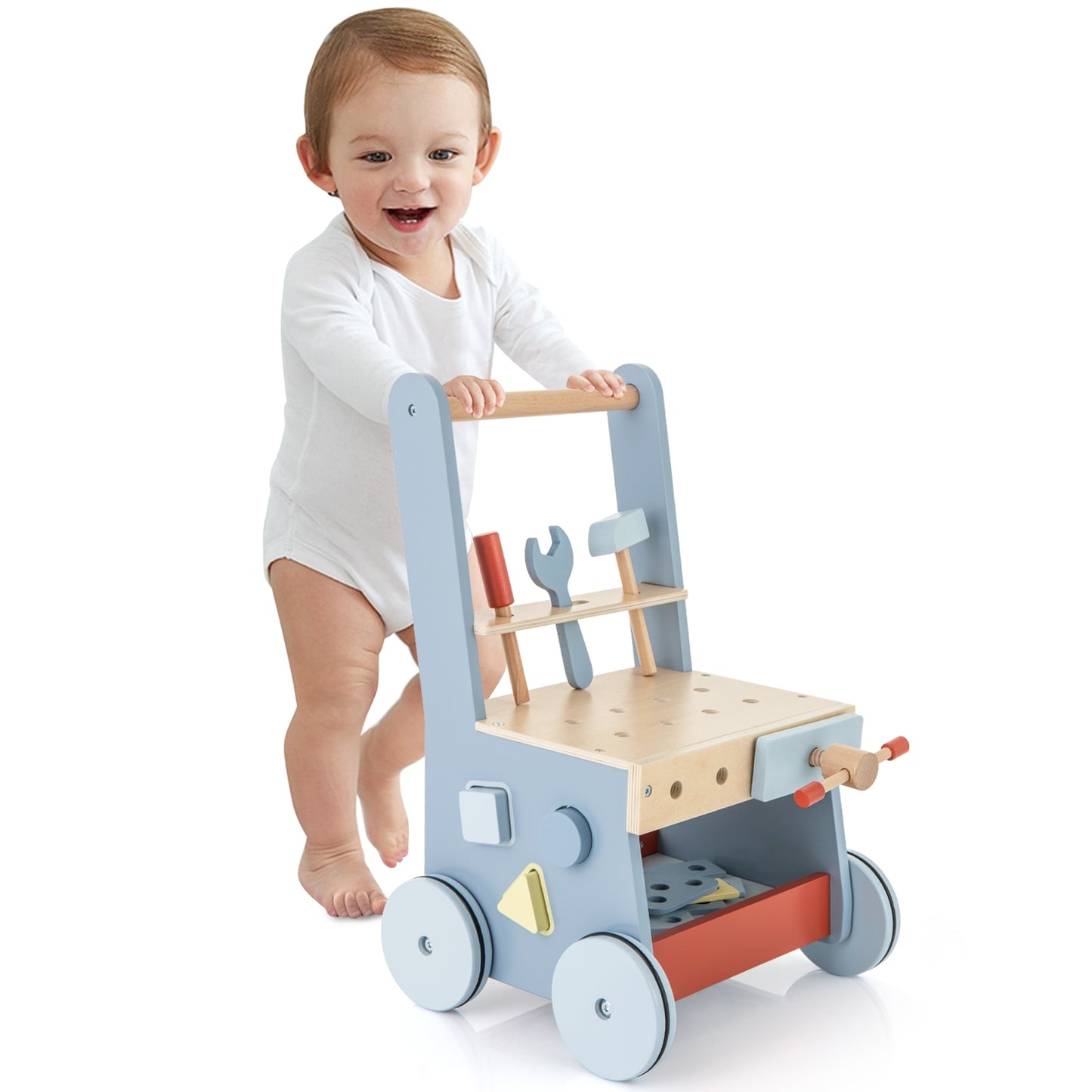 2-in-1 Toddler Wooden Baby Push Walker with Multi-Activity Center, Blue Baby Gyms & Playmats at Gallery Canada