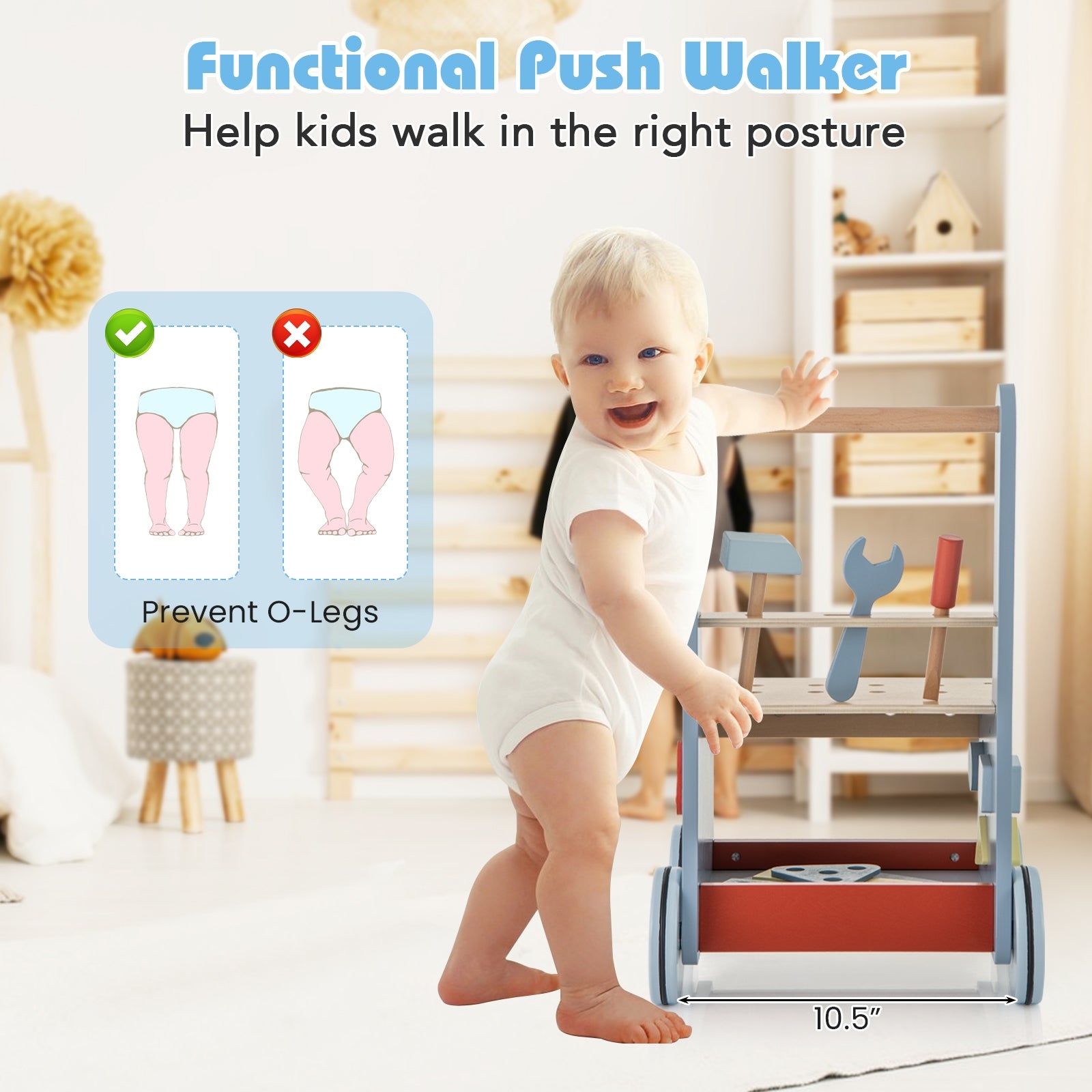2-in-1 Toddler Wooden Baby Push Walker with Multi-Activity Center, Blue Baby Gyms & Playmats at Gallery Canada