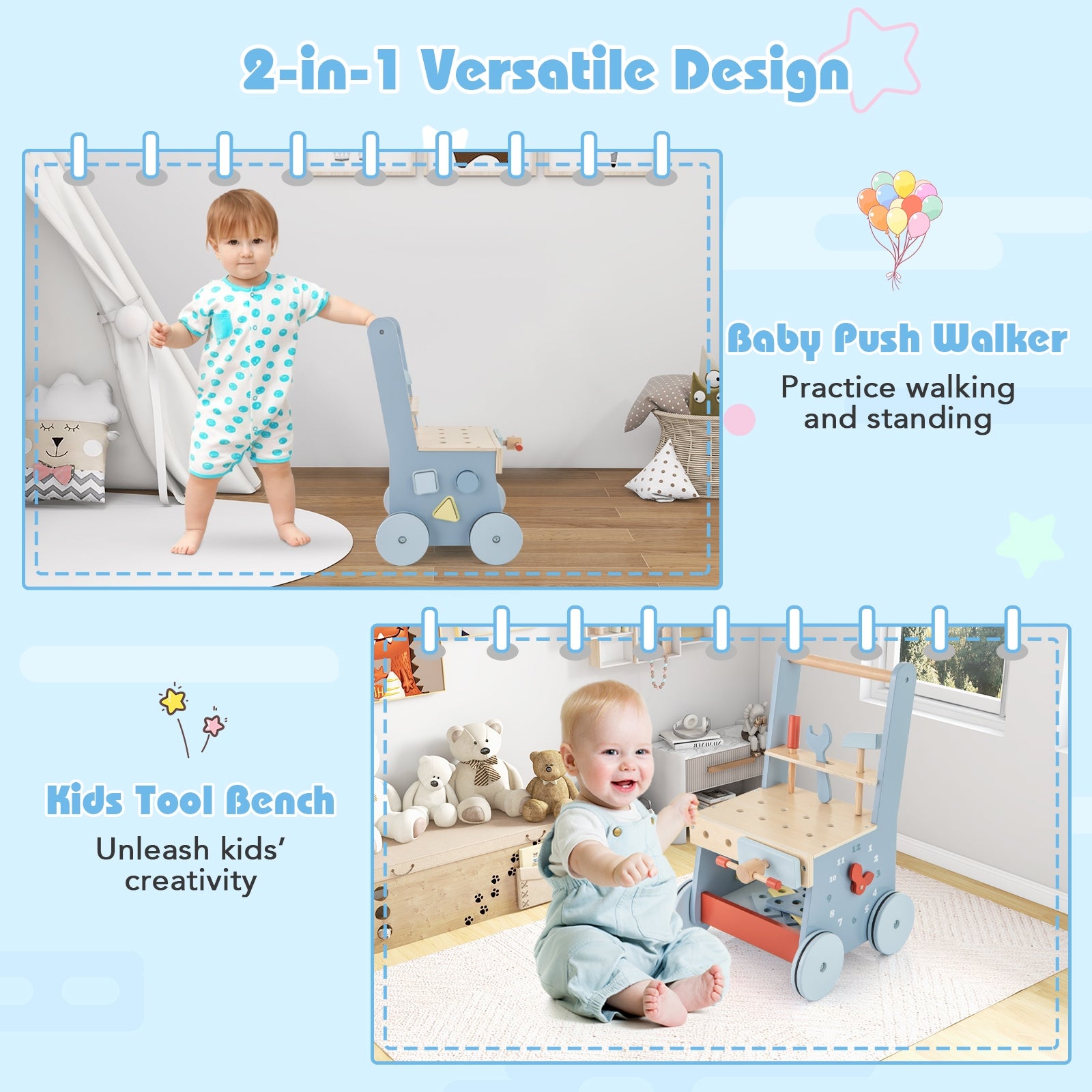 2-in-1 Toddler Wooden Baby Push Walker with Multi-Activity Center, Blue Baby Gyms & Playmats at Gallery Canada