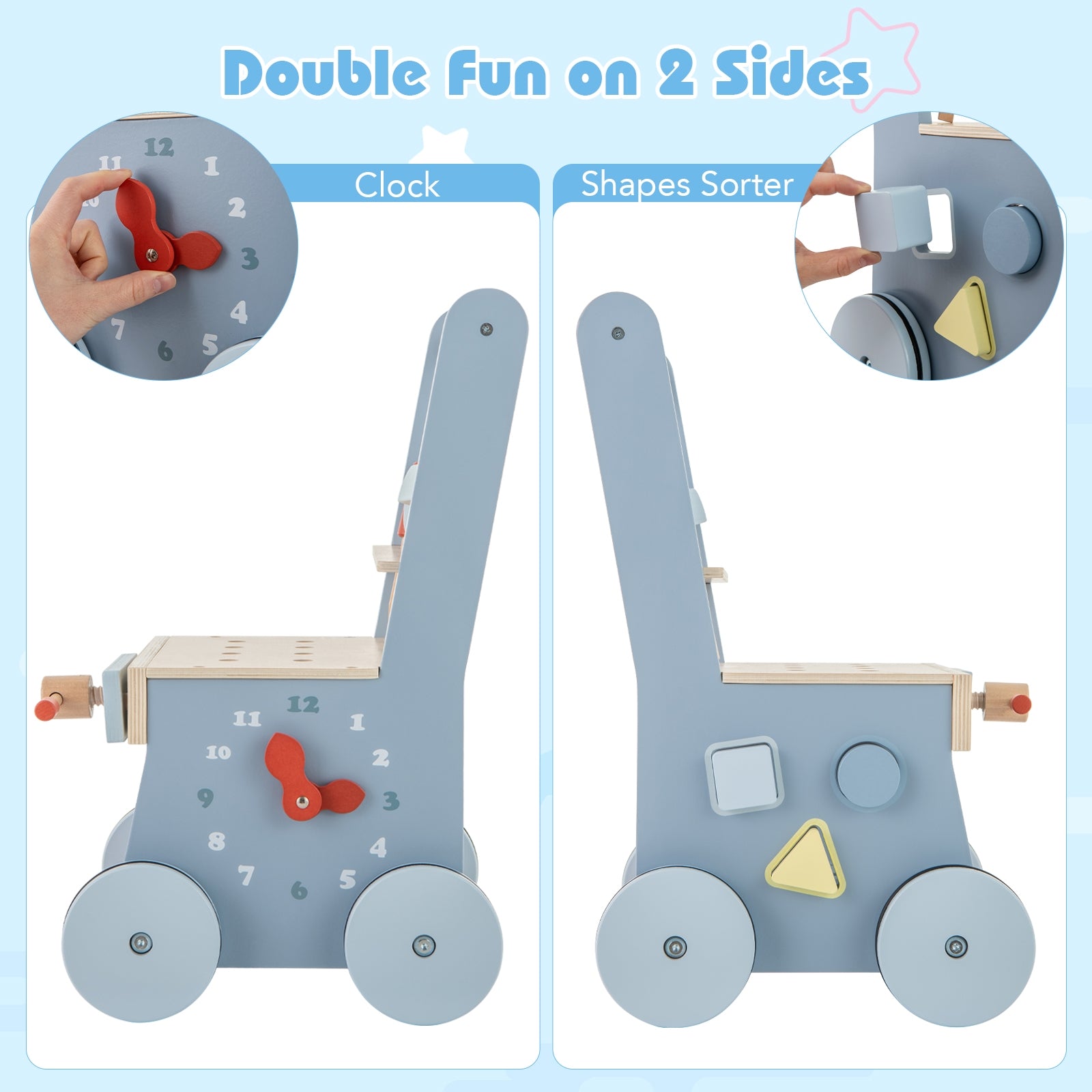 2-in-1 Toddler Wooden Baby Push Walker with Multi-Activity Center, Blue Baby Gyms & Playmats at Gallery Canada