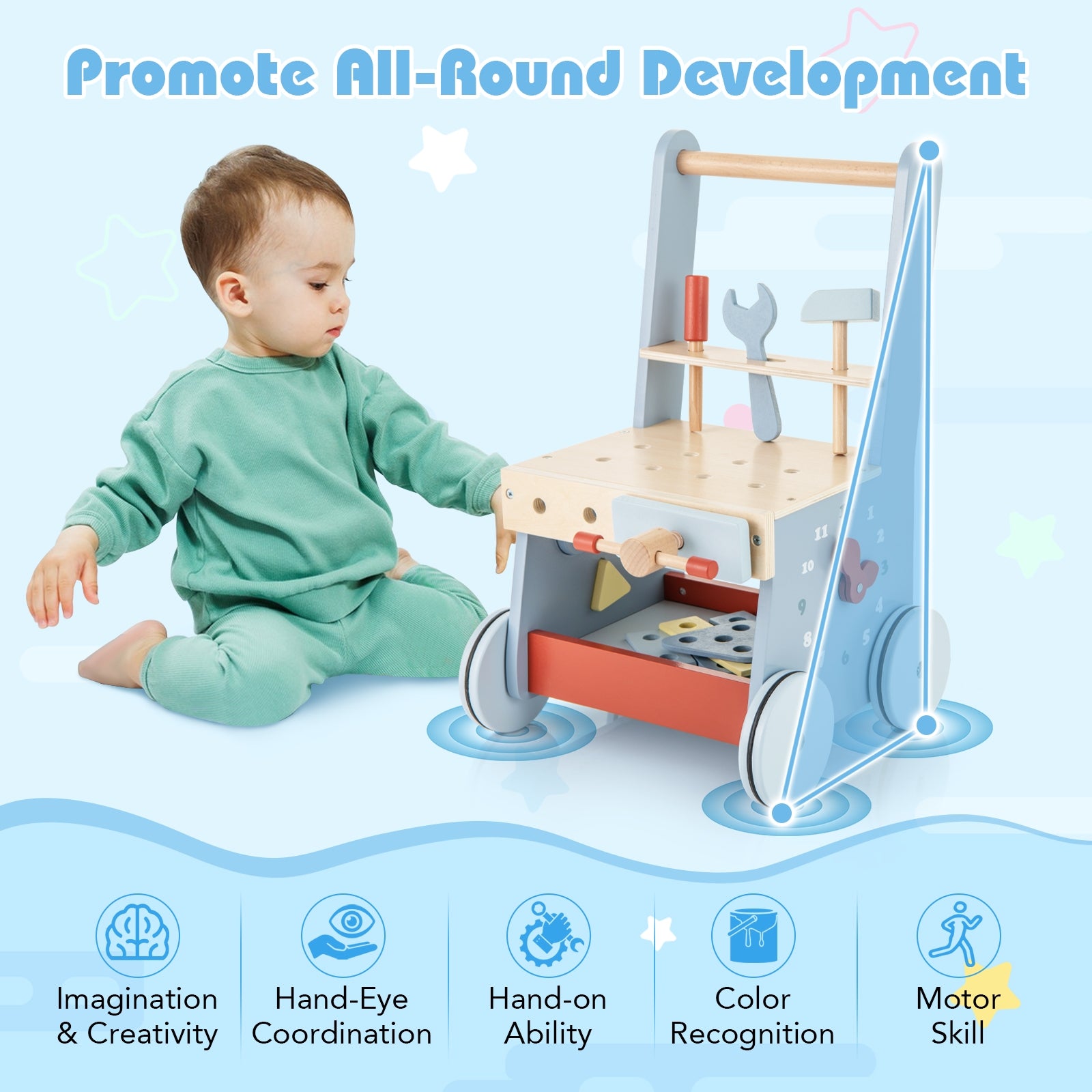 2-in-1 Toddler Wooden Baby Push Walker with Multi-Activity Center, Blue Baby Gyms & Playmats at Gallery Canada