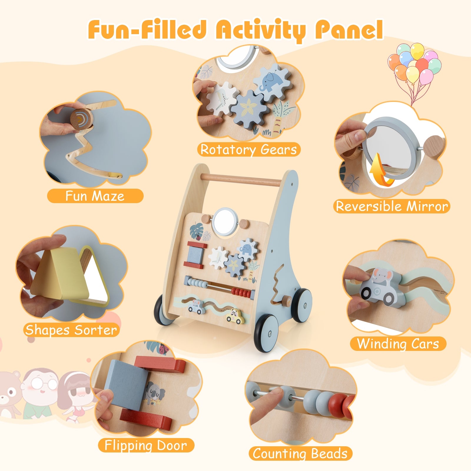 Wooden Baby Push and Pull Walker with Multi-Activity Learning Center, Blue Baby Gyms & Playmats at Gallery Canada