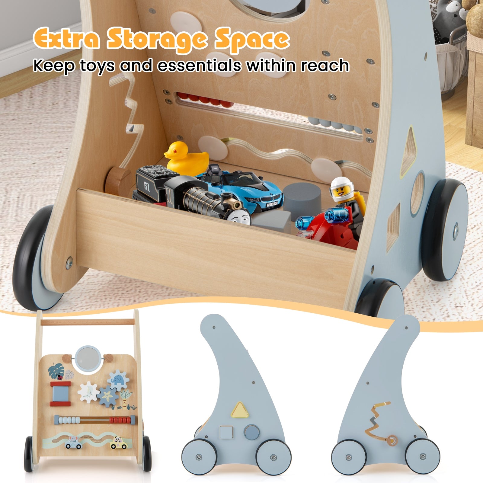 Wooden Baby Push and Pull Walker with Multi-Activity Learning Center, Blue Baby Gyms & Playmats at Gallery Canada
