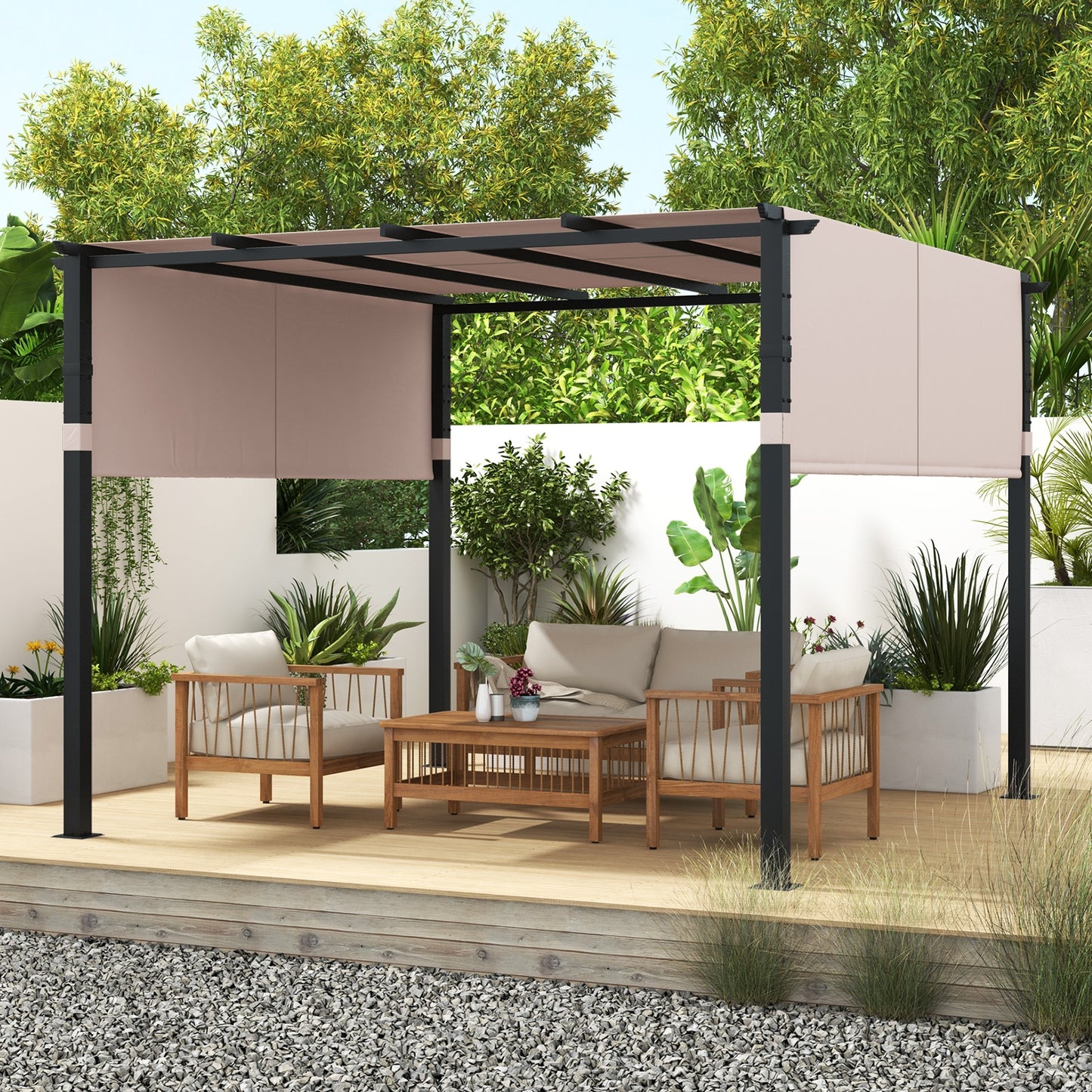 10 x 10 ft Flat Top Pergola with Retractable Canopy for Garden Pool Porch and Backyard, Beige Gazebos at Gallery Canada