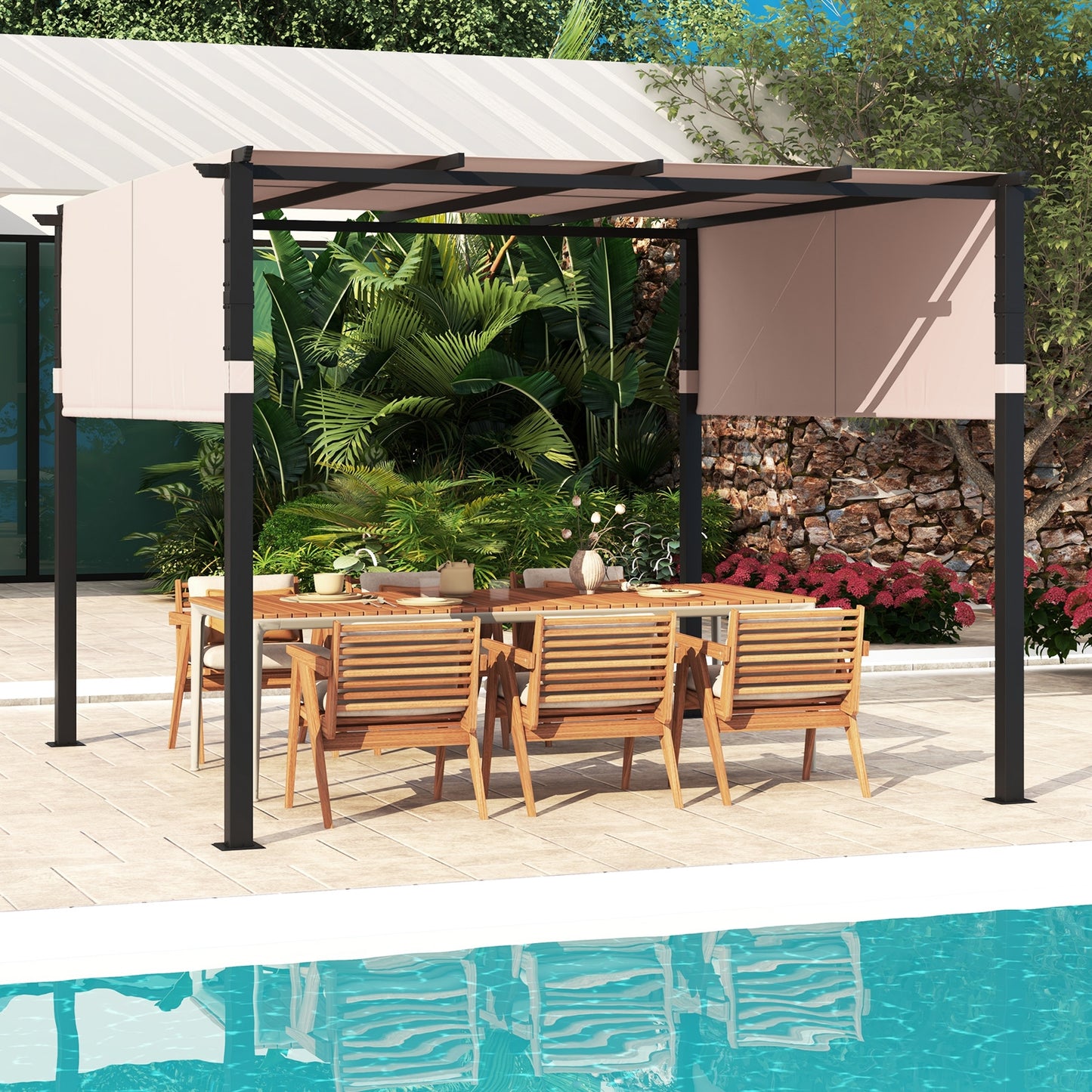 10 x 10 ft Flat Top Pergola with Retractable Canopy for Garden Pool Porch and Backyard, Beige Gazebos at Gallery Canada