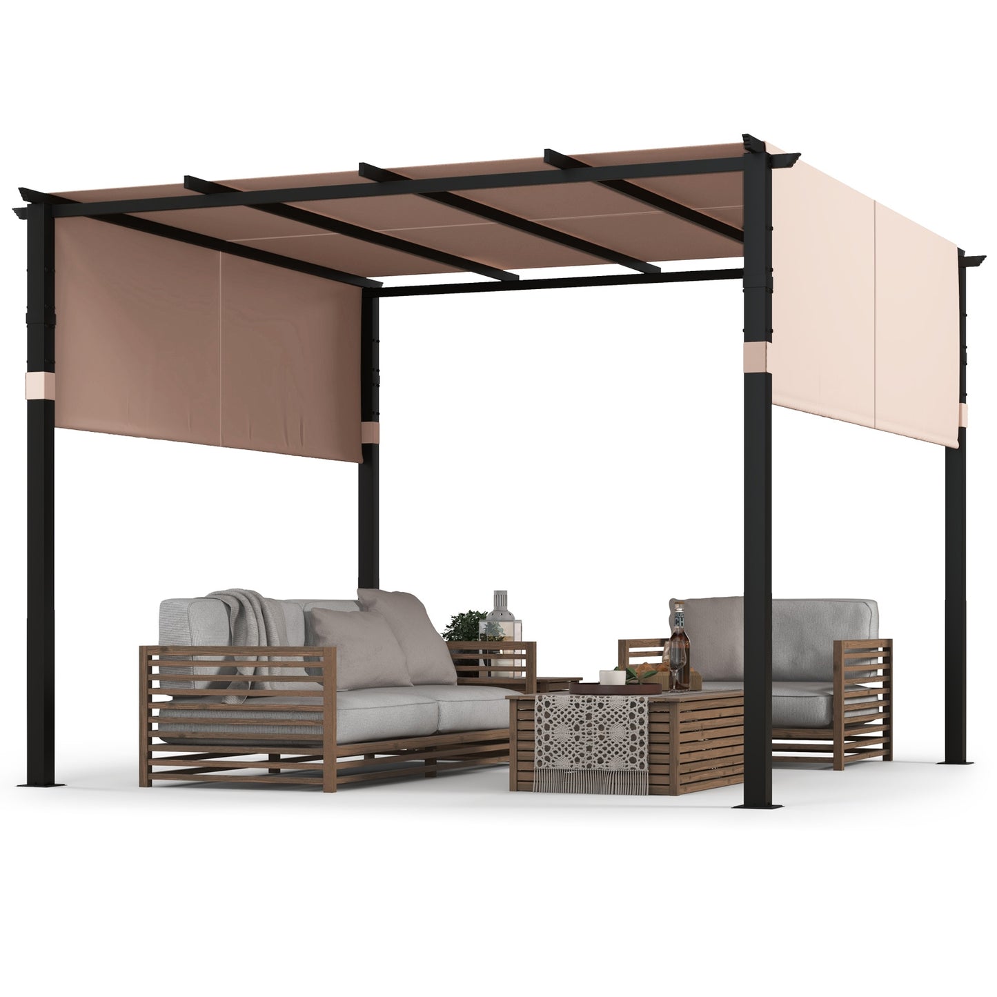 10 x 10 ft Flat Top Pergola with Retractable Canopy for Garden Pool Porch and Backyard, Beige Gazebos at Gallery Canada