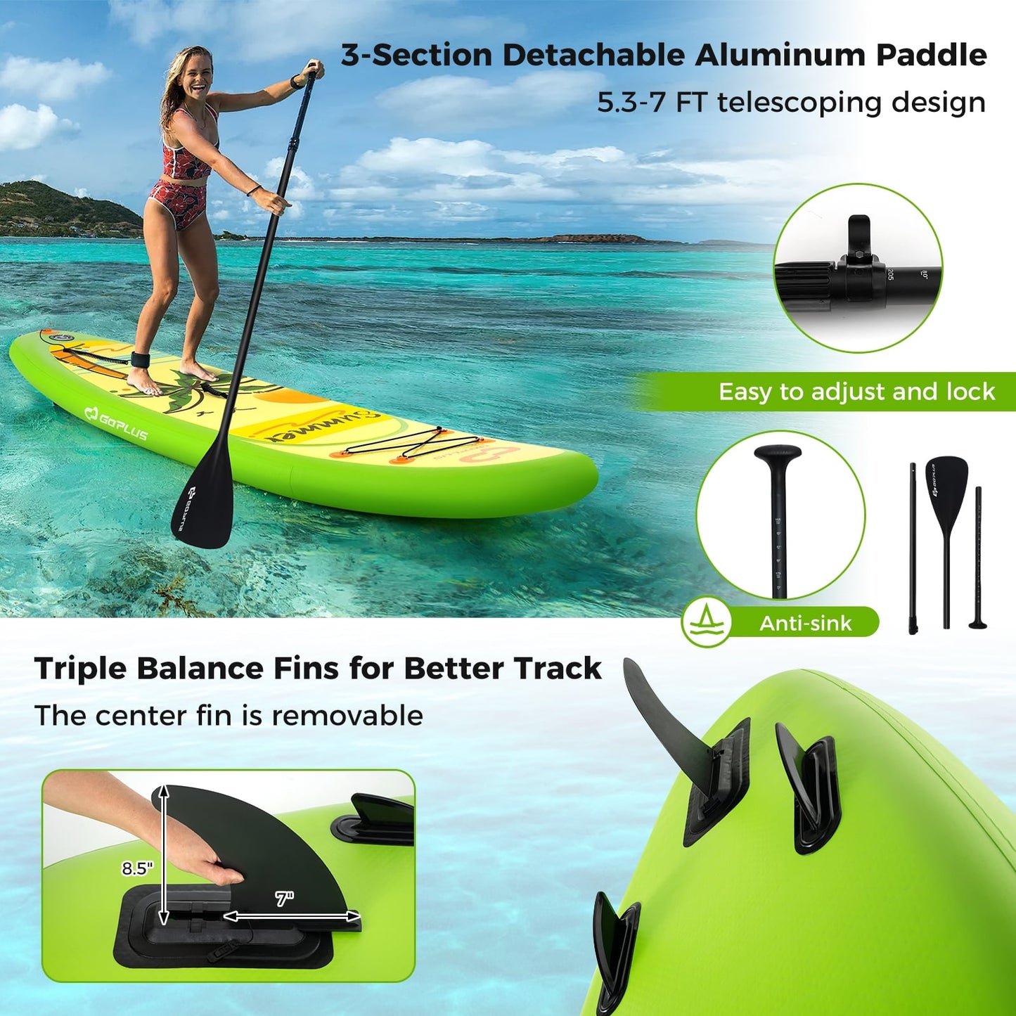 Planche à Paddle Gonflable Debout, Accessoires iSUP, 3 Ailerons, S