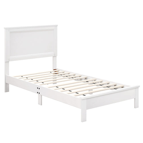 Twin Size Wooden Bed Frame with Headboard and Slat Support, White