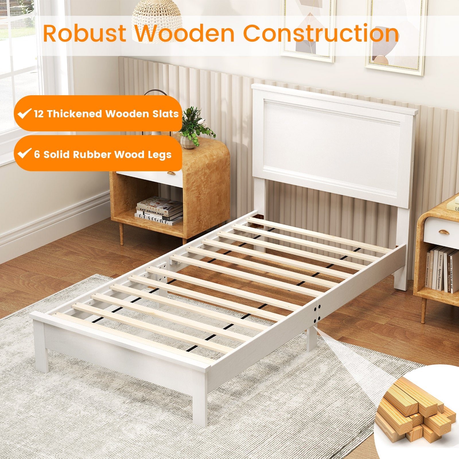 Twin Size Wooden Bed Frame with Headboard and Slat Support, White Simple Bed Frame at Gallery Canada