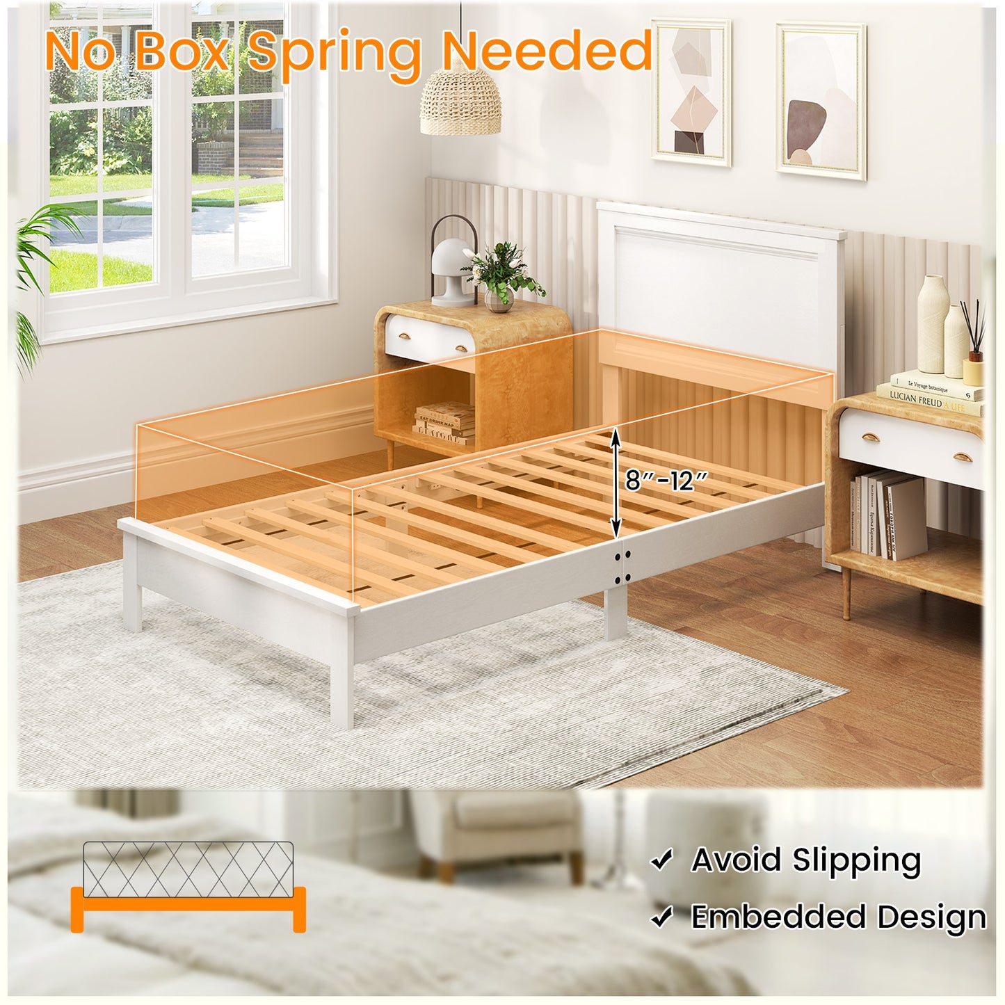 Twin Size Wooden Bed Frame with Headboard and Slat Support, White Simple Bed Frame at Gallery Canada